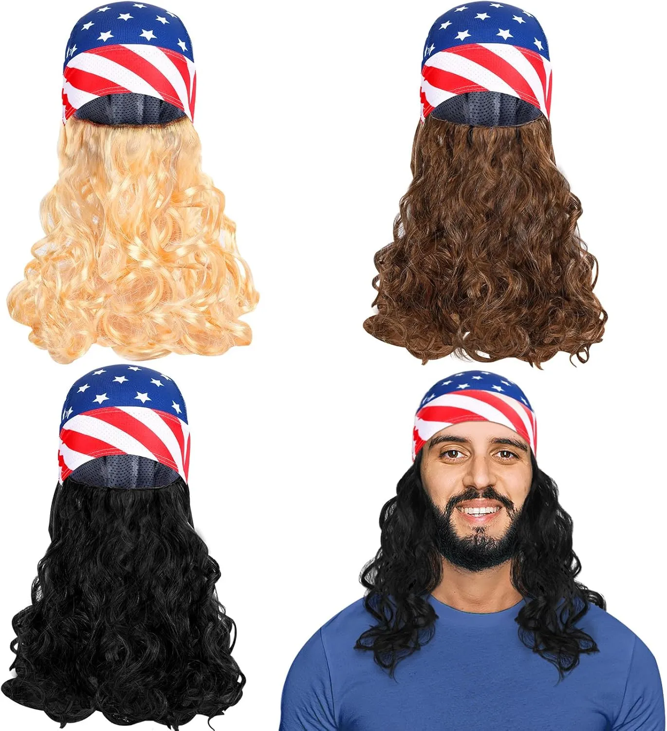 3 Pcs Mullet Wig Skull Cap for Men 4th of July Headscarf Patriotic USA Headscarf Independence Day Wigs