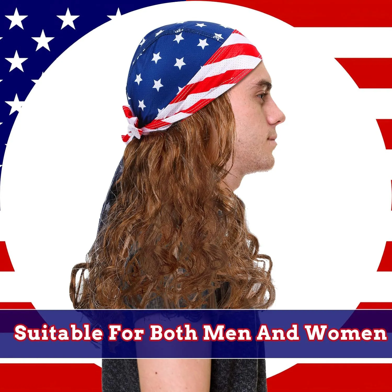 3 Pcs Mullet Wig Skull Cap for Men 4th of July Headscarf Patriotic USA Headscarf Independence Day Wigs