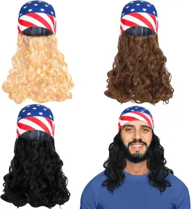 3 Pcs Mullet Wig Skull Cap for Men 4th of July Headscarf Patriotic USA Headscarf Independence Day Wigs