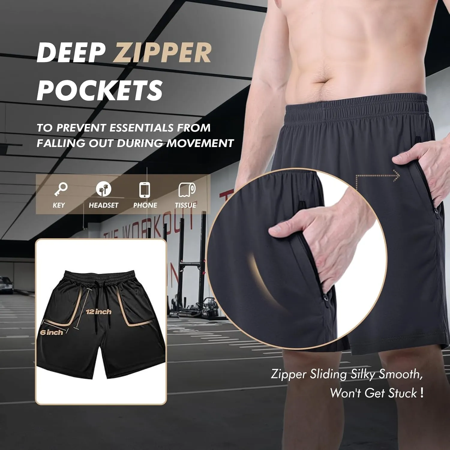 Basketball Gym Mens Shorts with Zipper Pockets - Quick Dry Lightweight Athletic Workout Running Casual Shorts for Men