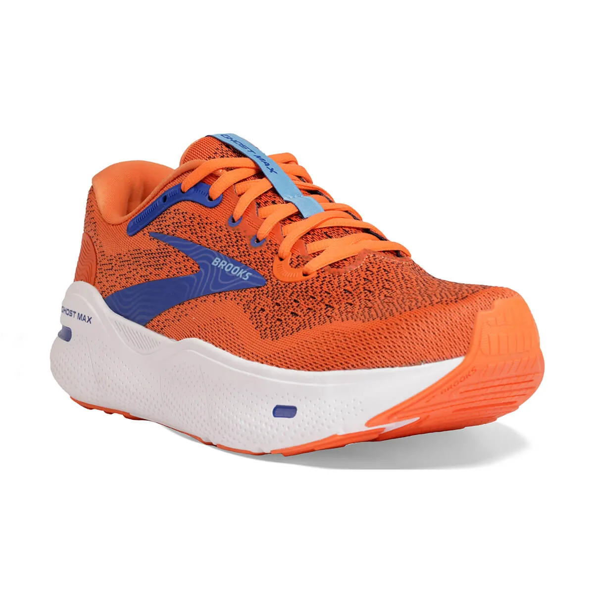Mens Brooks Ghost Max Running Shoes in Red Orange, Black, and Surf the Web Colors