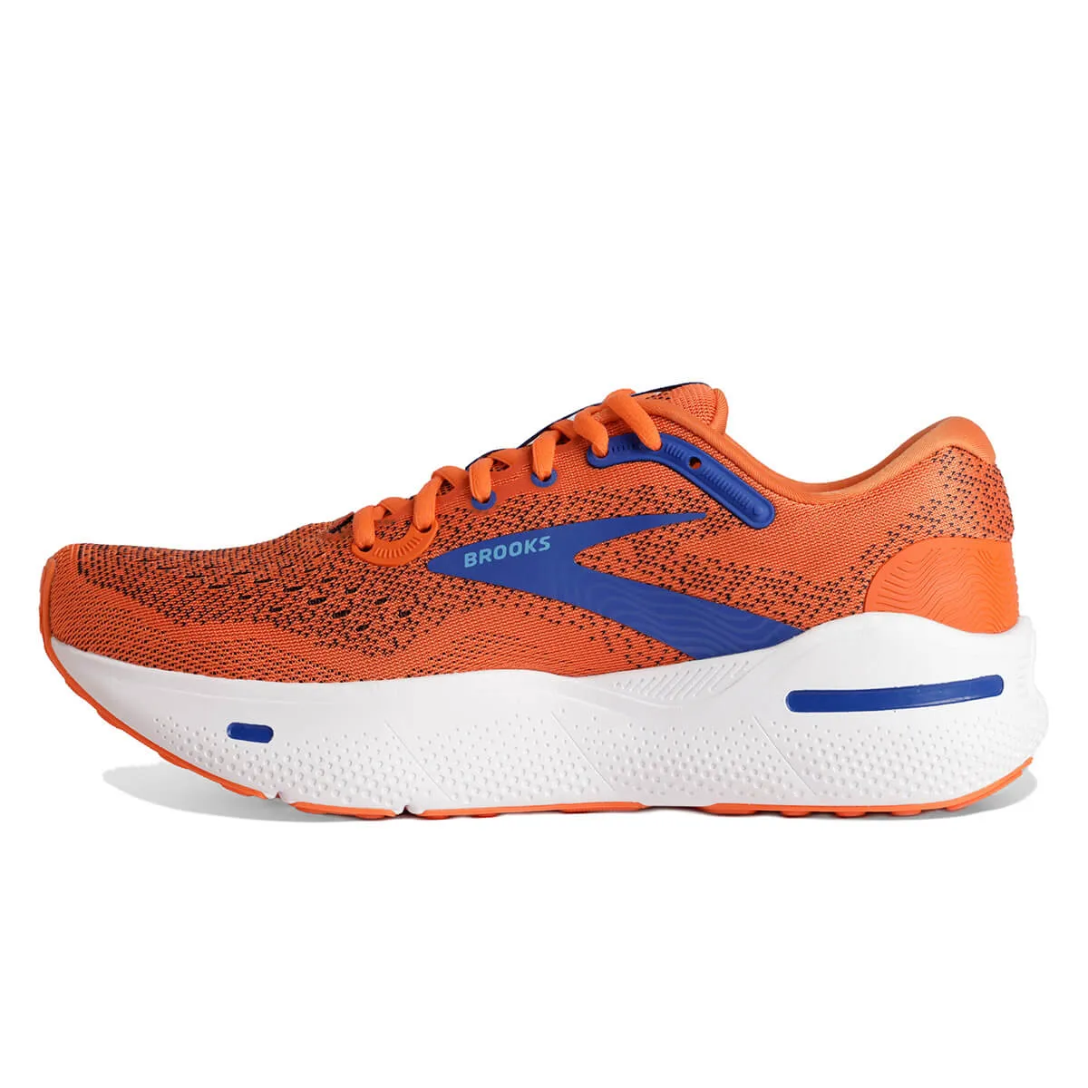 Mens Brooks Ghost Max Running Shoes in Red Orange, Black, and Surf the Web Colors