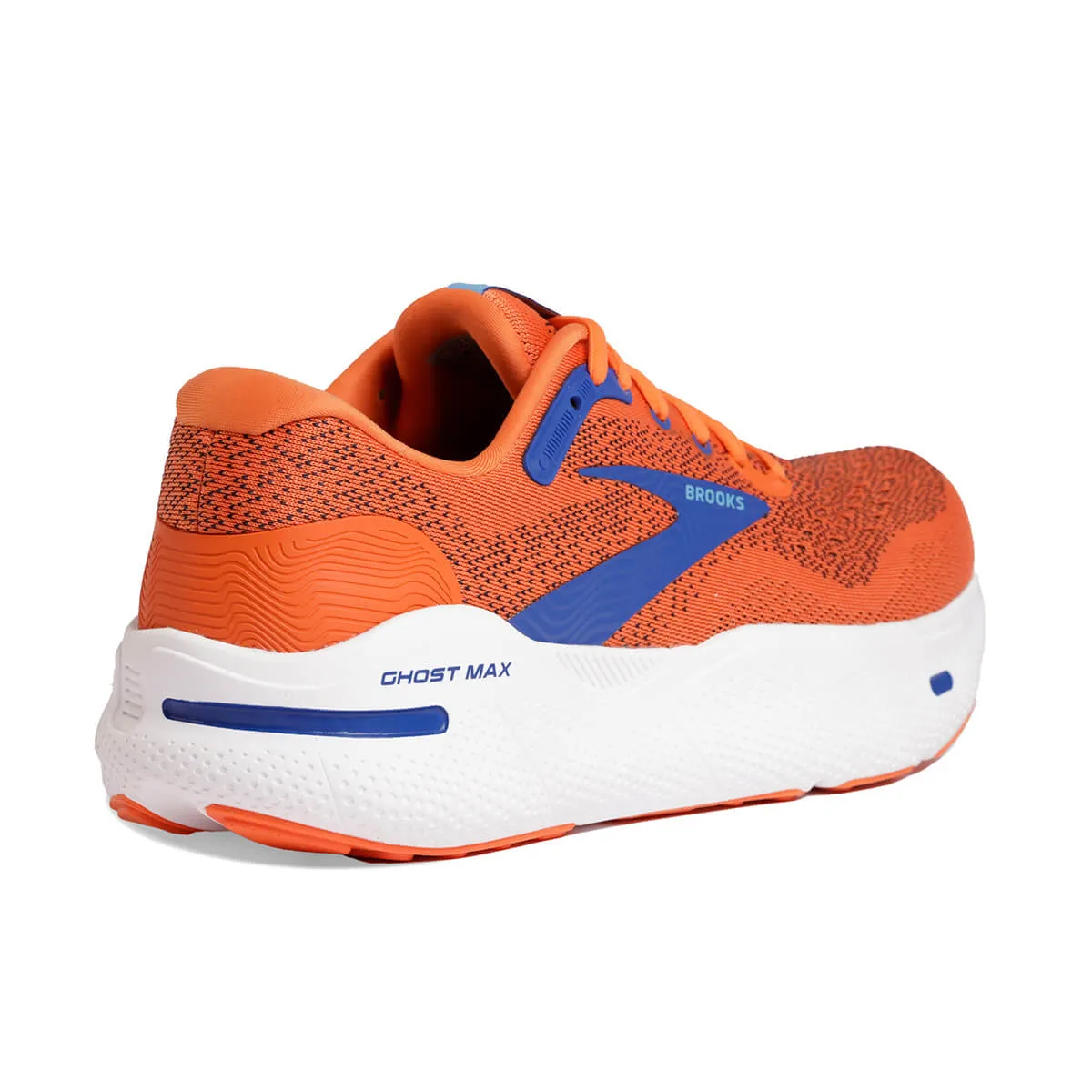 Mens Brooks Ghost Max Running Shoes in Red Orange, Black, and Surf the Web Colors