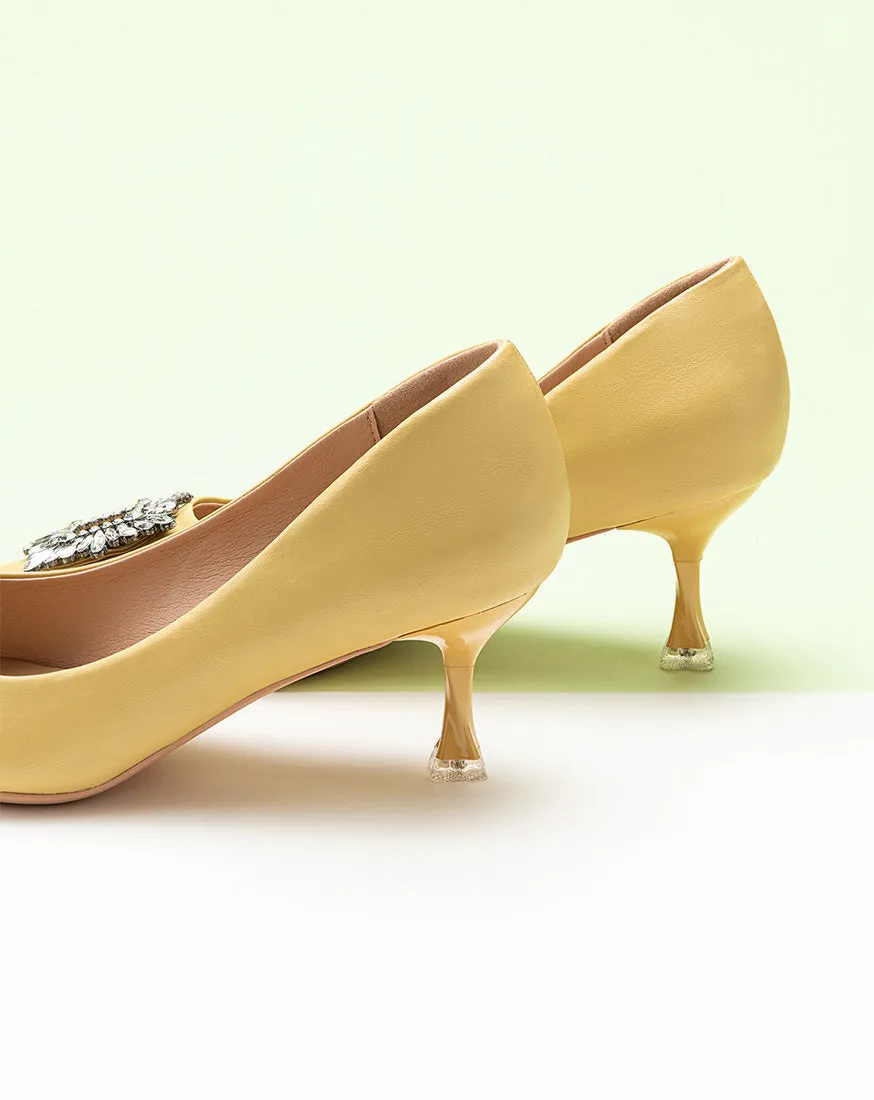 Crystal Buckle Embellished Leather Pumps Yellow