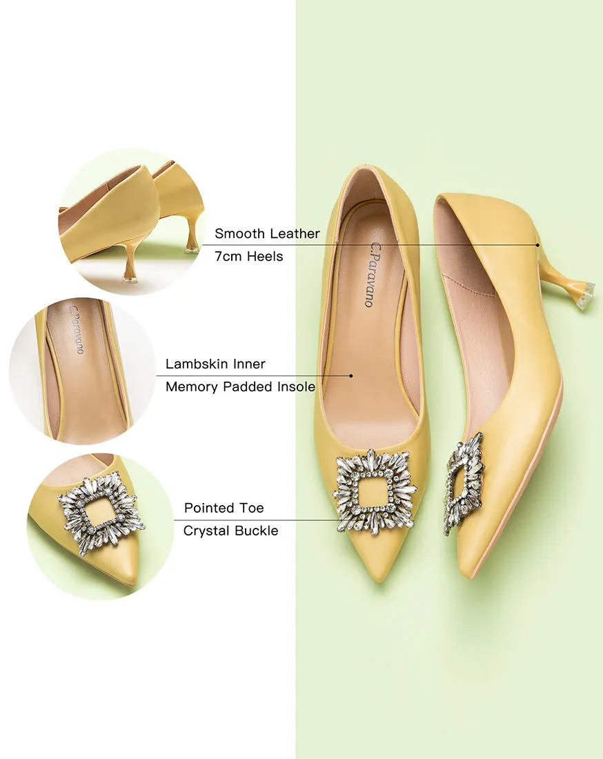 Crystal Buckle Embellished Leather Pumps Yellow