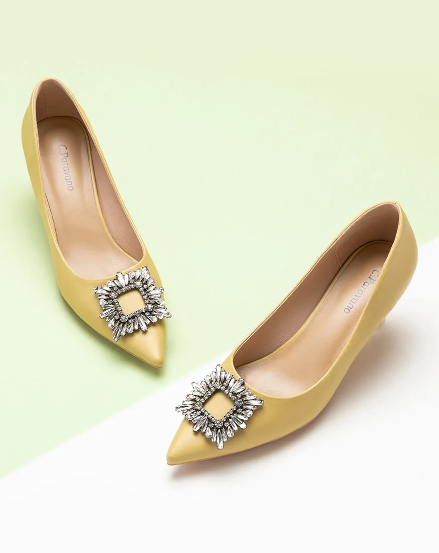 Crystal Buckle Embellished Leather Pumps Yellow