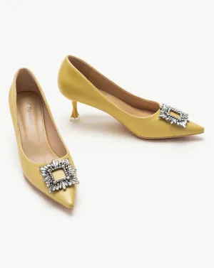Crystal Buckle Embellished Leather Pumps Yellow