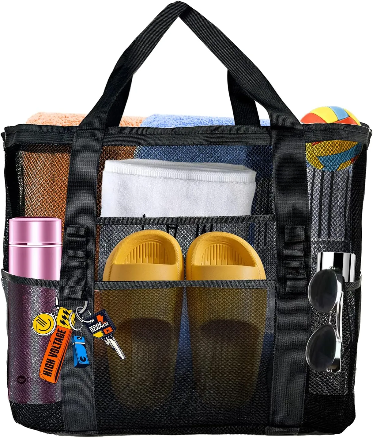 Large Mesh Beach Bag - Lightweight & Foldable Family Beach Bag with 9 Pockets for Toys, Towels & Vacation Essentials