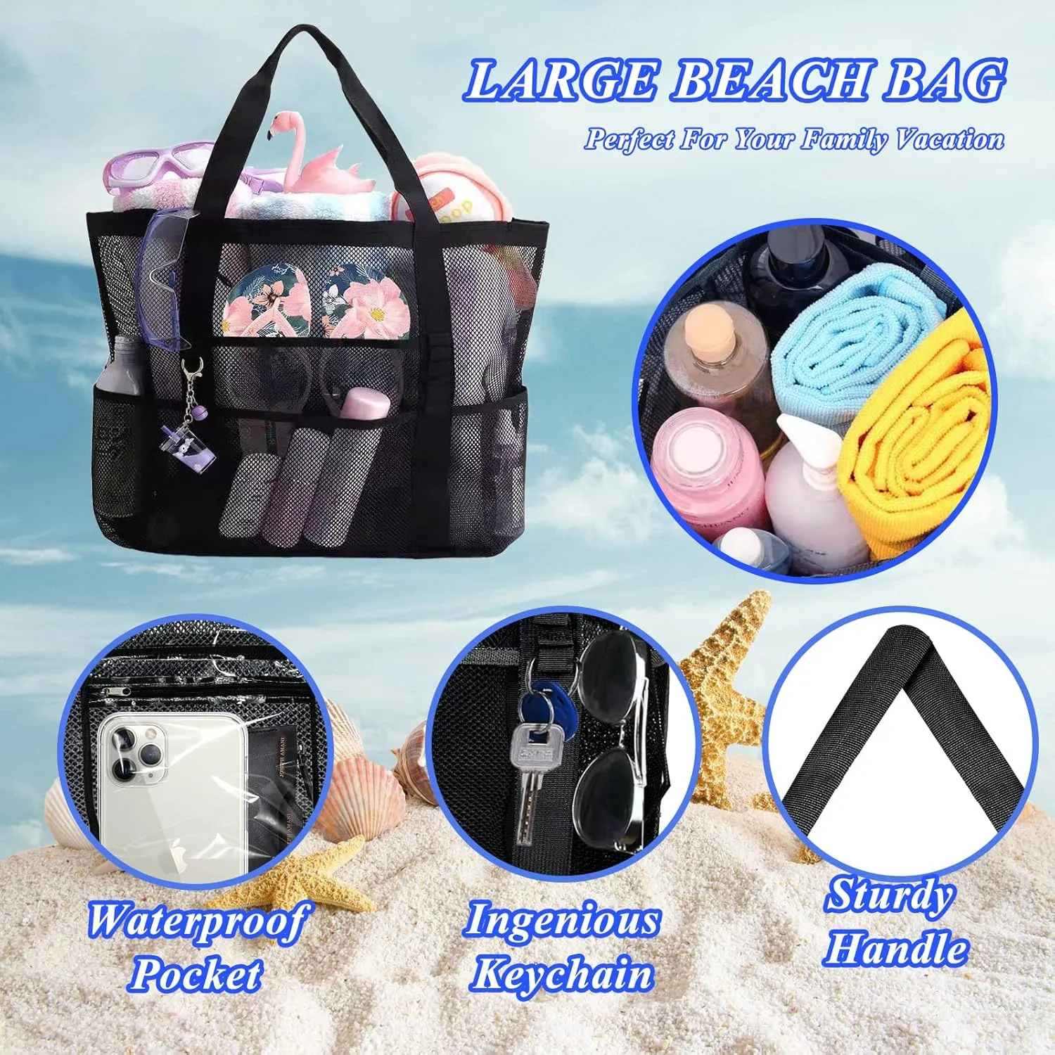 Large Mesh Beach Bag - Lightweight & Foldable Family Beach Bag with 9 Pockets for Toys, Towels & Vacation Essentials