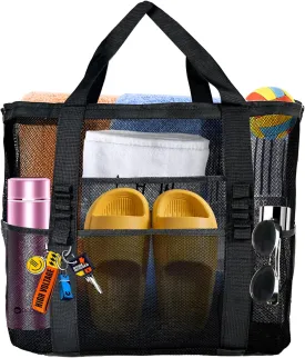 Large Mesh Beach Bag - Lightweight & Foldable Family Beach Bag with 9 Pockets for Toys, Towels & Vacation Essentials
