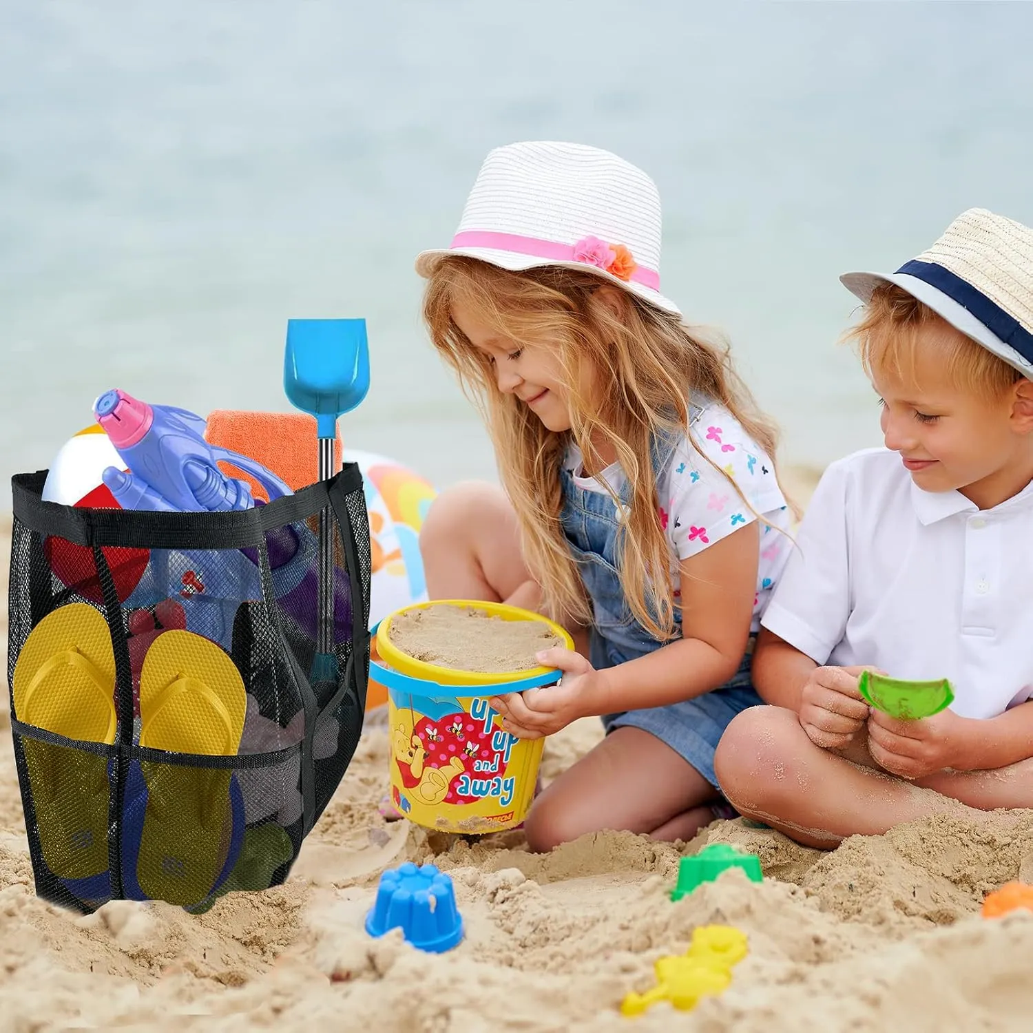 Large Mesh Beach Bag - Lightweight & Foldable Family Beach Bag with 9 Pockets for Toys, Towels & Vacation Essentials