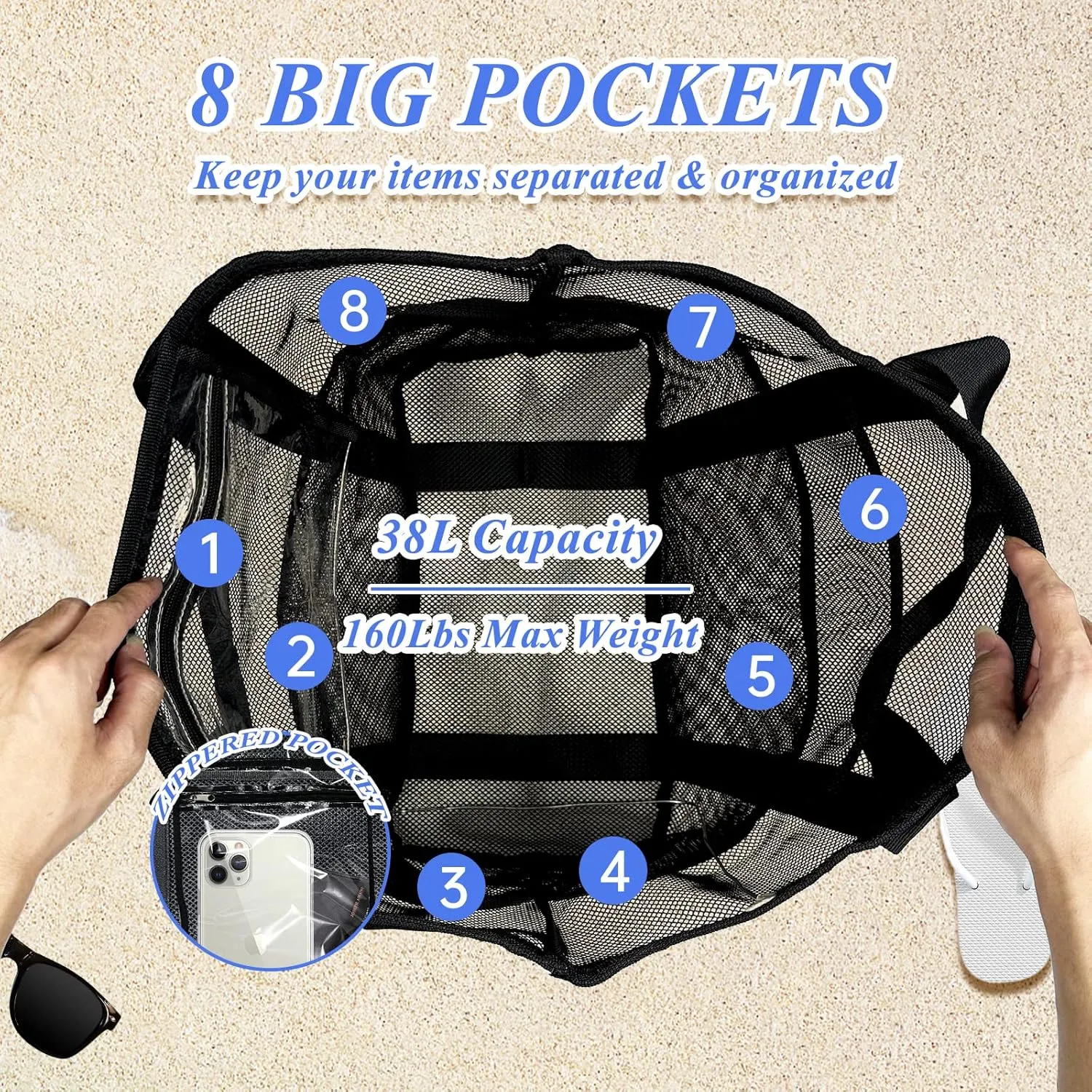 Large Mesh Beach Bag - Lightweight & Foldable Family Beach Bag with 9 Pockets for Toys, Towels & Vacation Essentials