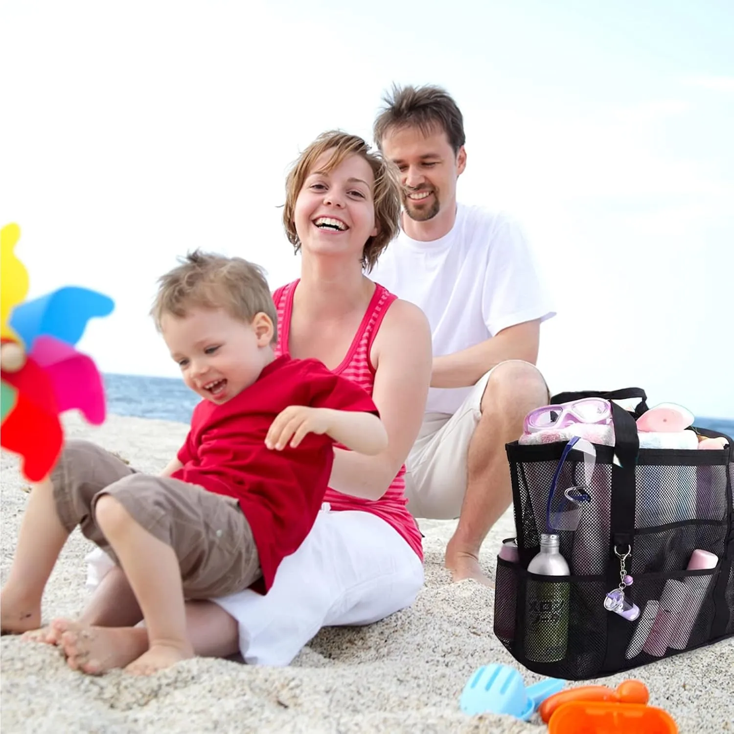 Large Mesh Beach Bag - Lightweight & Foldable Family Beach Bag with 9 Pockets for Toys, Towels & Vacation Essentials