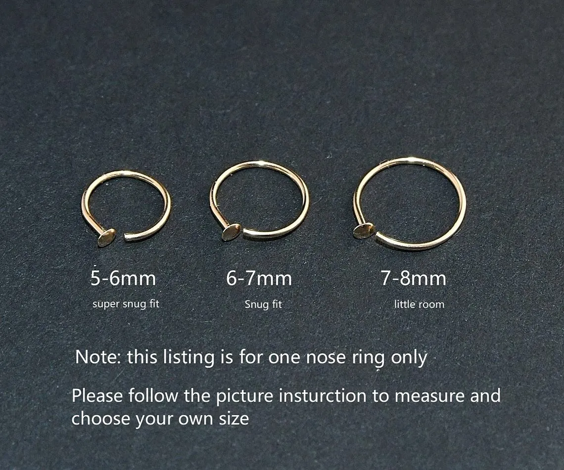 Small Thin Gold or Sterling Silver Nose Ring Hoop for Women, Adjustable with Stopper (14k Gold-Filled, 5-6mm / 22 gauge)