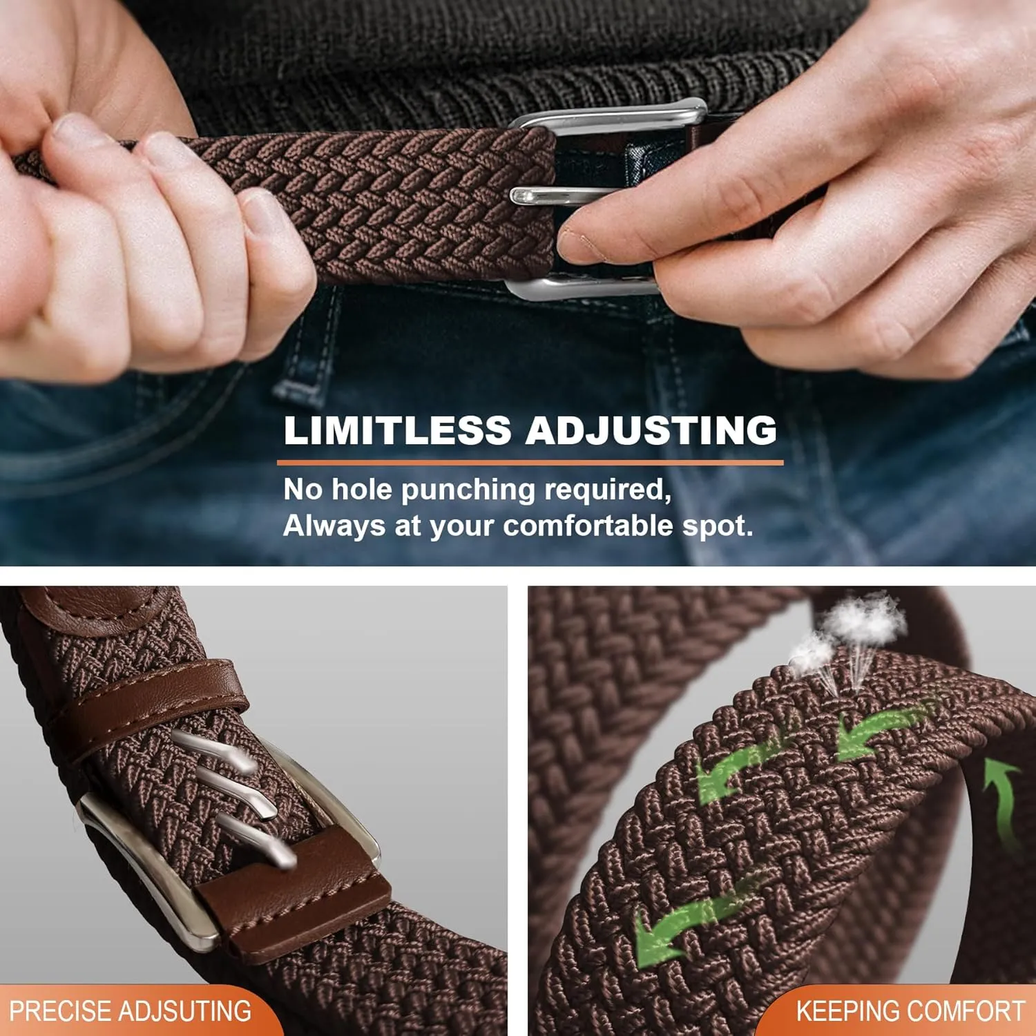 Stretch Braided Belt for Men -Mens Gift Elastic Woven Golf Belt 1 3/8"- for Golf Jeans Casual Wear