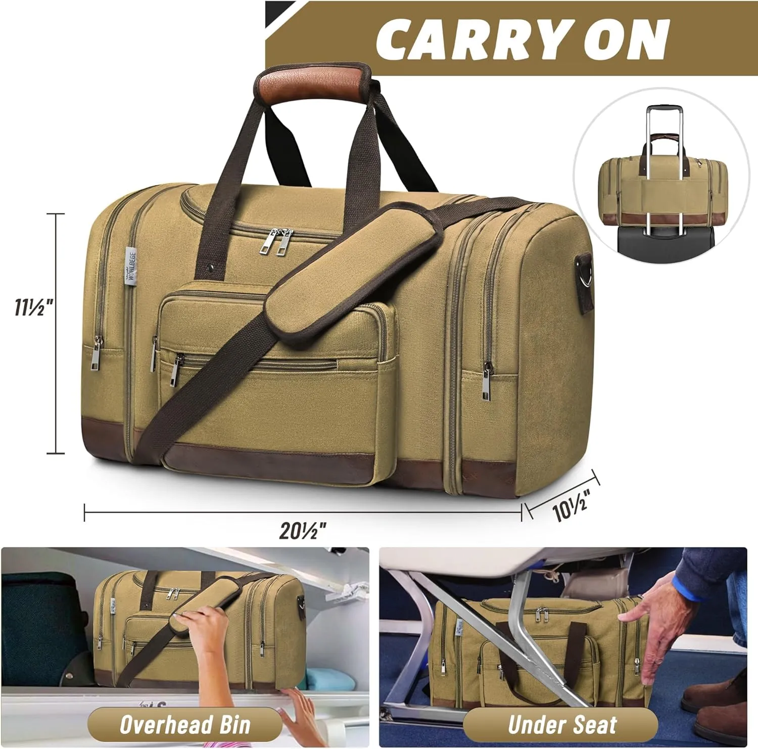 Wolhbege Duffle Bag for Travel,Mens Travel Bag & Carry On Bag for Men with Expandable Design and Luggage Sleeve ?CDuffel Bag for Gym, Weekender, Overnight Trips Khaki