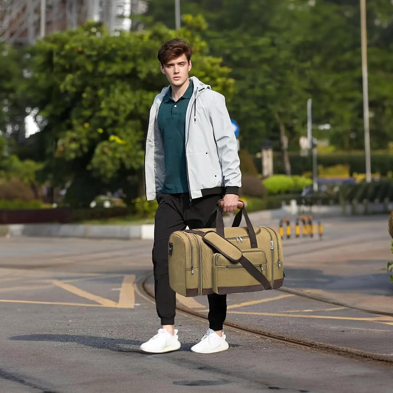 Wolhbege Duffle Bag for Travel,Mens Travel Bag & Carry On Bag for Men with Expandable Design and Luggage Sleeve ?CDuffel Bag for Gym, Weekender, Overnight Trips Khaki