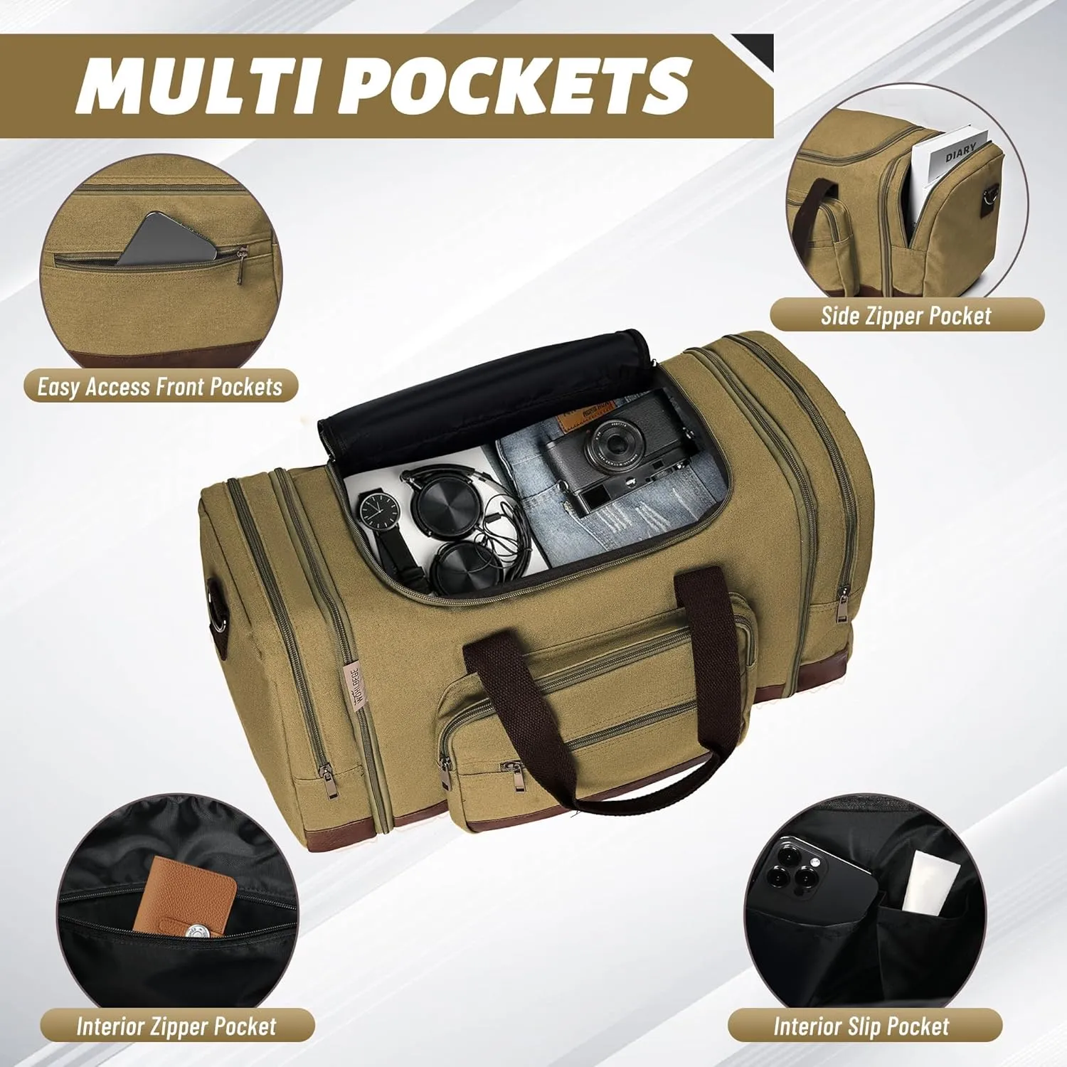 Wolhbege Duffle Bag for Travel,Mens Travel Bag & Carry On Bag for Men with Expandable Design and Luggage Sleeve ?CDuffel Bag for Gym, Weekender, Overnight Trips Khaki